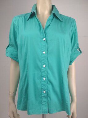 Lafayette 148 teal green turquoise cotton blend tabbed sleeve blouse ladies 14